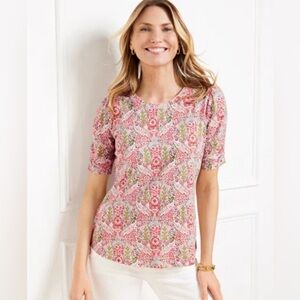 Talbots Ruched Cuff Pink and Green Patterned Crew Neck Tee